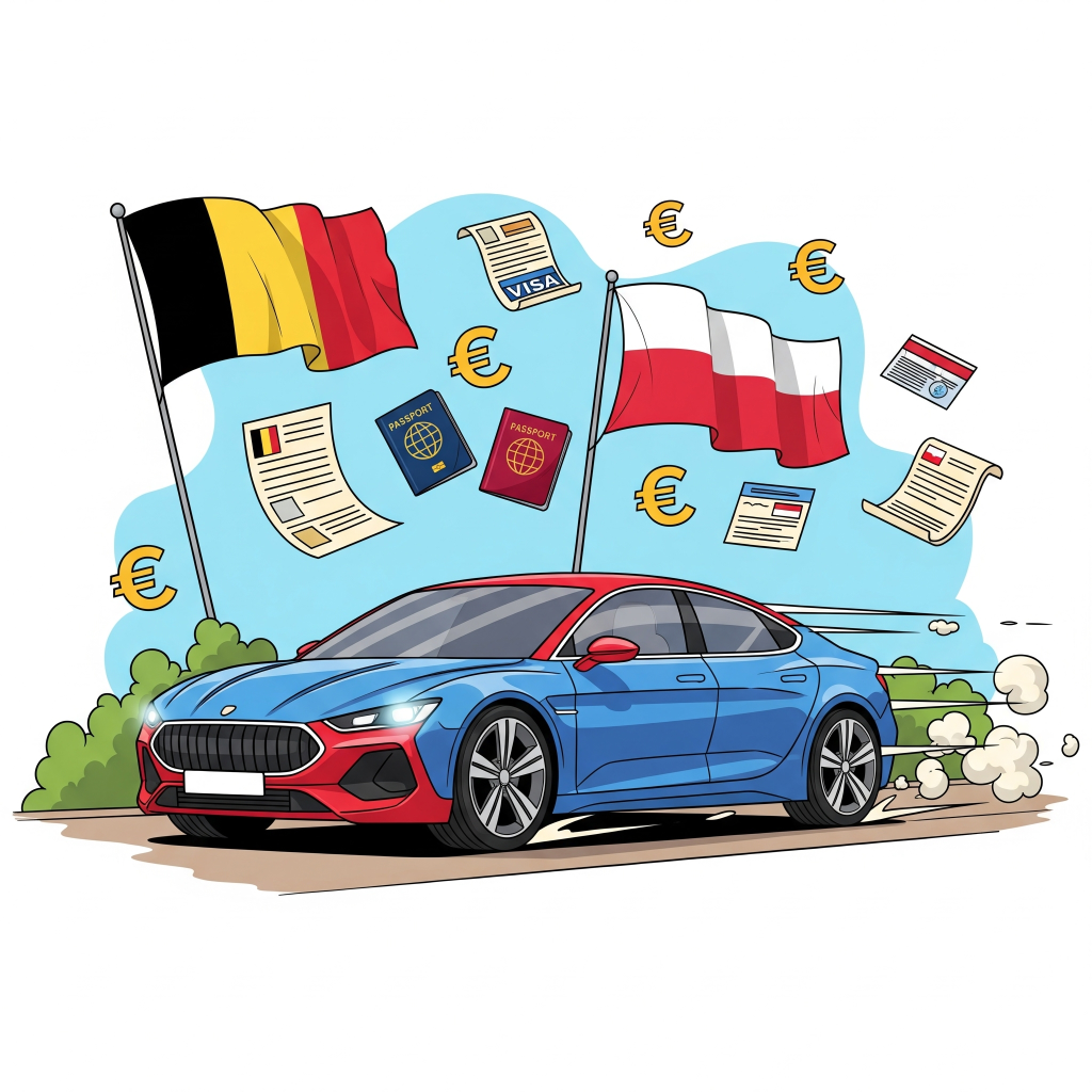 import samochodu, samochody z Belgii, sprowadzanie aut, procedury celne, koszty importu, dokumenty samochodowe, rejestracja pojazdu, akcyza, VAT, handel samochodami